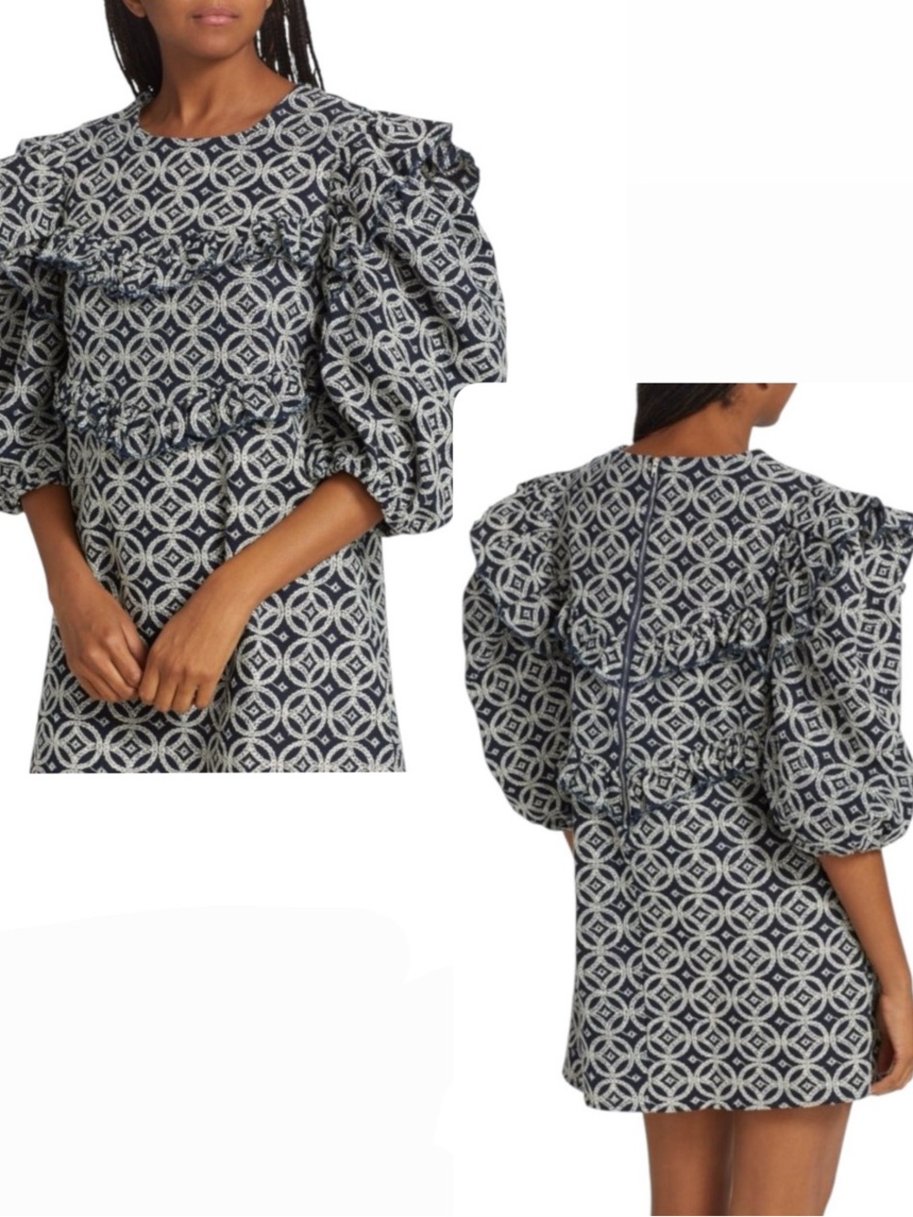Anthropologie || En Saison Embroidered Ruffle‎ Mini Dress Navy White XS